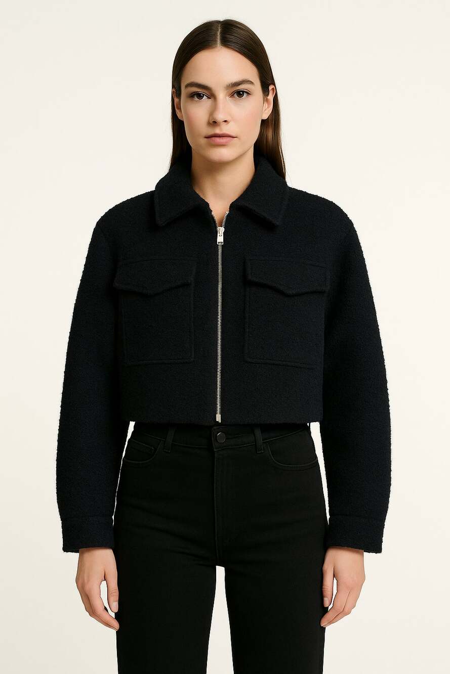 ZARA Black Teddy Jacket M Cropped Zip Front